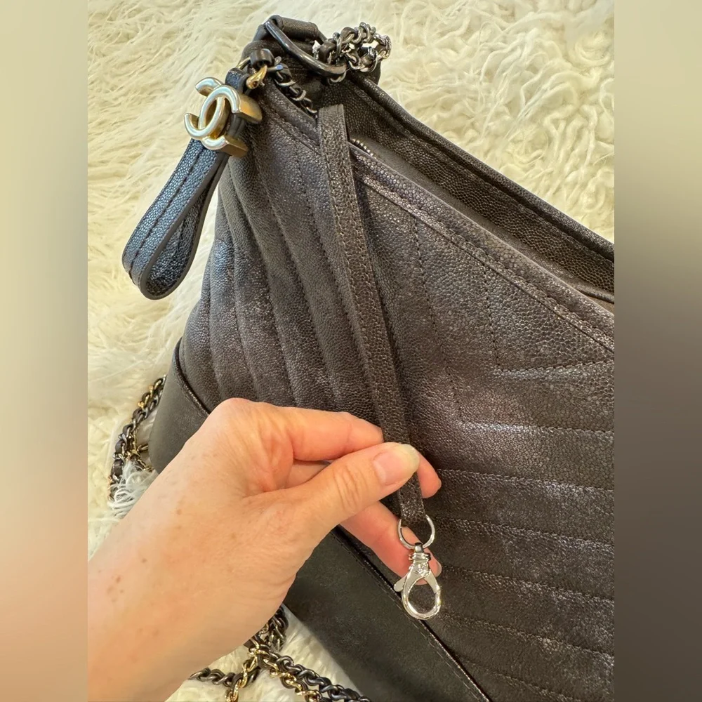 CHANEL Metallic Caviar Chevron Quilted Medium Gabrielle Hobo Dark Silver Gold - Picture 8 of 12